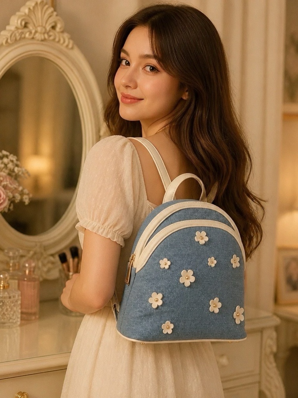 Cute Floral Denim Mini Backpack - Blue